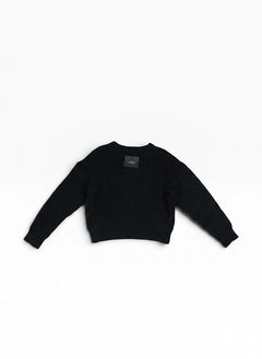 Schwarzer BubiniSegreti Strickpullover für Damen mit Rundhalsausschnitt und feiner Struktur auf weißem Hintergrund.