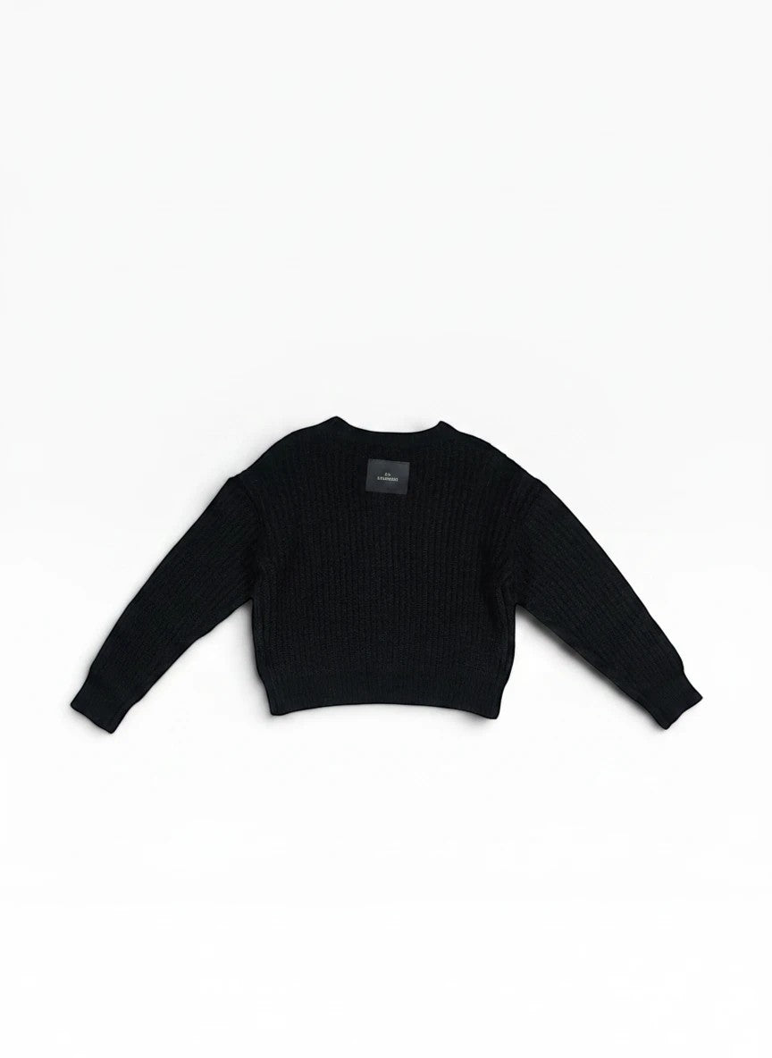 Schwarzer BubiniSegreti Strickpullover für Damen mit Rundhalsausschnitt und feiner Struktur auf weißem Hintergrund.