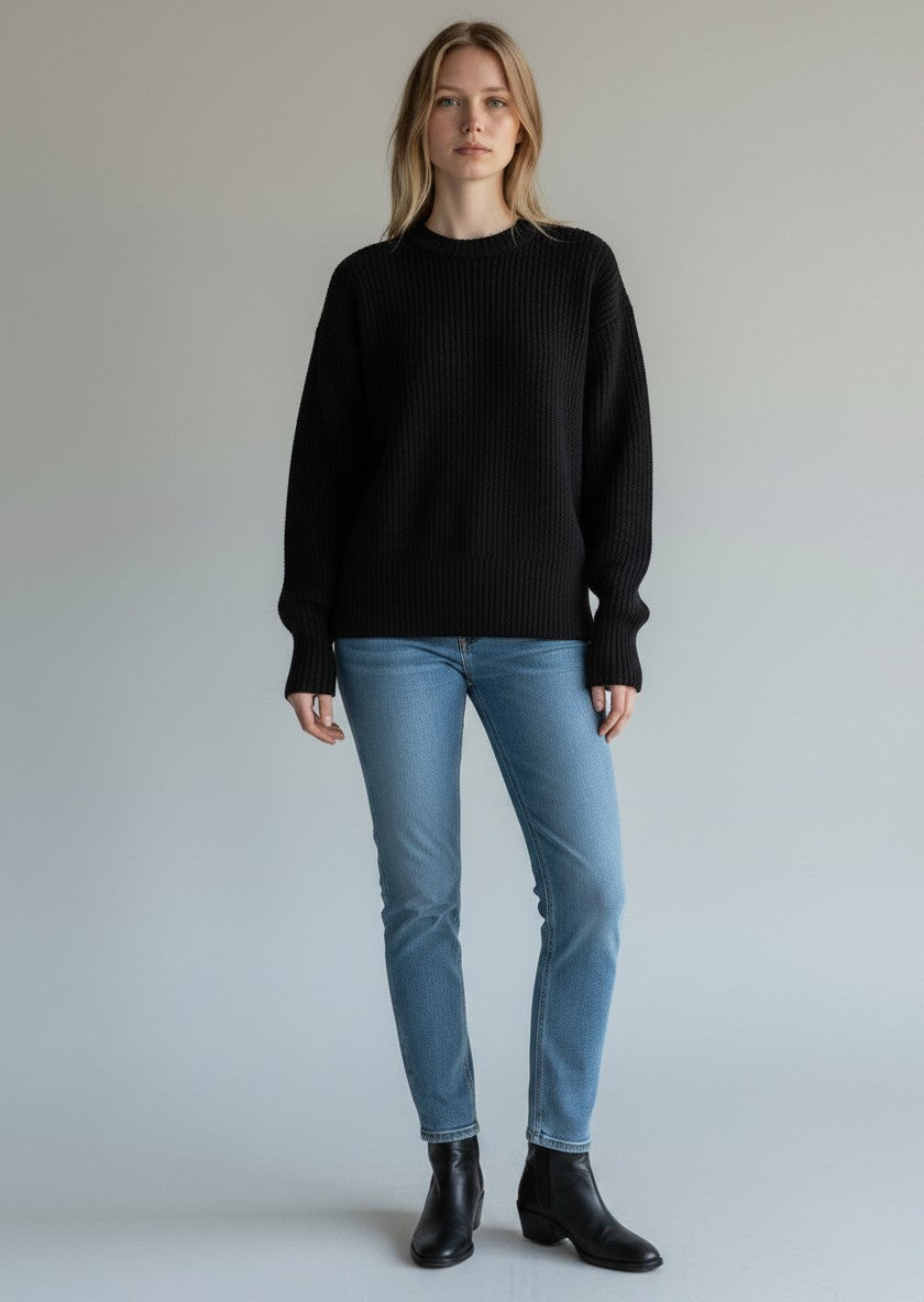 BubiniSegreti schwarzer Strickpullover mit Rollkragen und Rippbündchen an einer Frau mit blauer Jeans