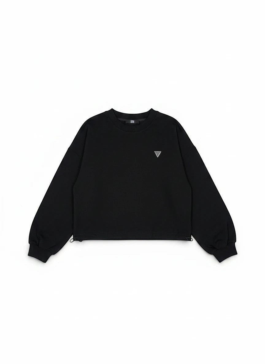 BubiniSegreti schwarzes Oversized-Sweatshirt mit Rundhalsausschnitt, überschnittenen Schultern und Kordelzug am Saum