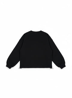 BubiniSegreti schwarzes Oversized-Sweatshirt mit Rundhalsausschnitt, überschnittenen Schultern und Kordelzug am Saum