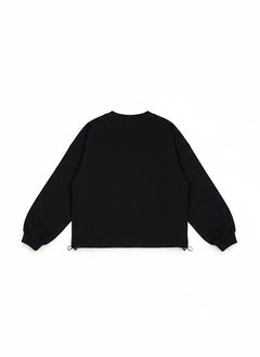BubiniSegreti schwarzes Oversized-Sweatshirt mit Rundhalsausschnitt, überschnittenen Schultern und Kordelzug am Saum