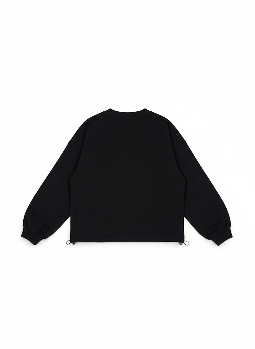 BubiniSegreti schwarzes Oversized-Sweatshirt mit Rundhalsausschnitt, überschnittenen Schultern und Kordelzug am Saum