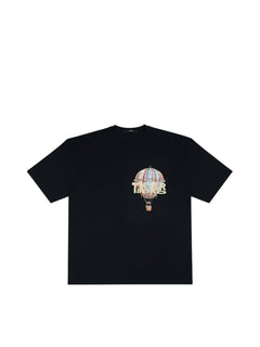 Schwarzes BubiniSegreti T-Shirt aus Baumwolle mit pastellfarbenem Heißluftballon-Print und Typografie auf der Brust