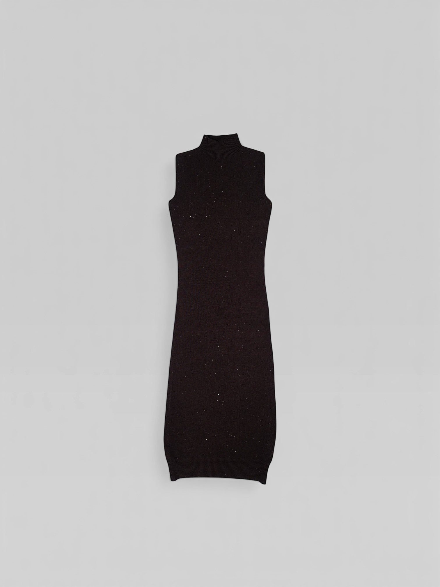 BubiniSegreti ärmelloses Strickkleid in Dunkelbraun mit Stehkragen und feinen Glitzerpartikeln für elegante Anlässe.