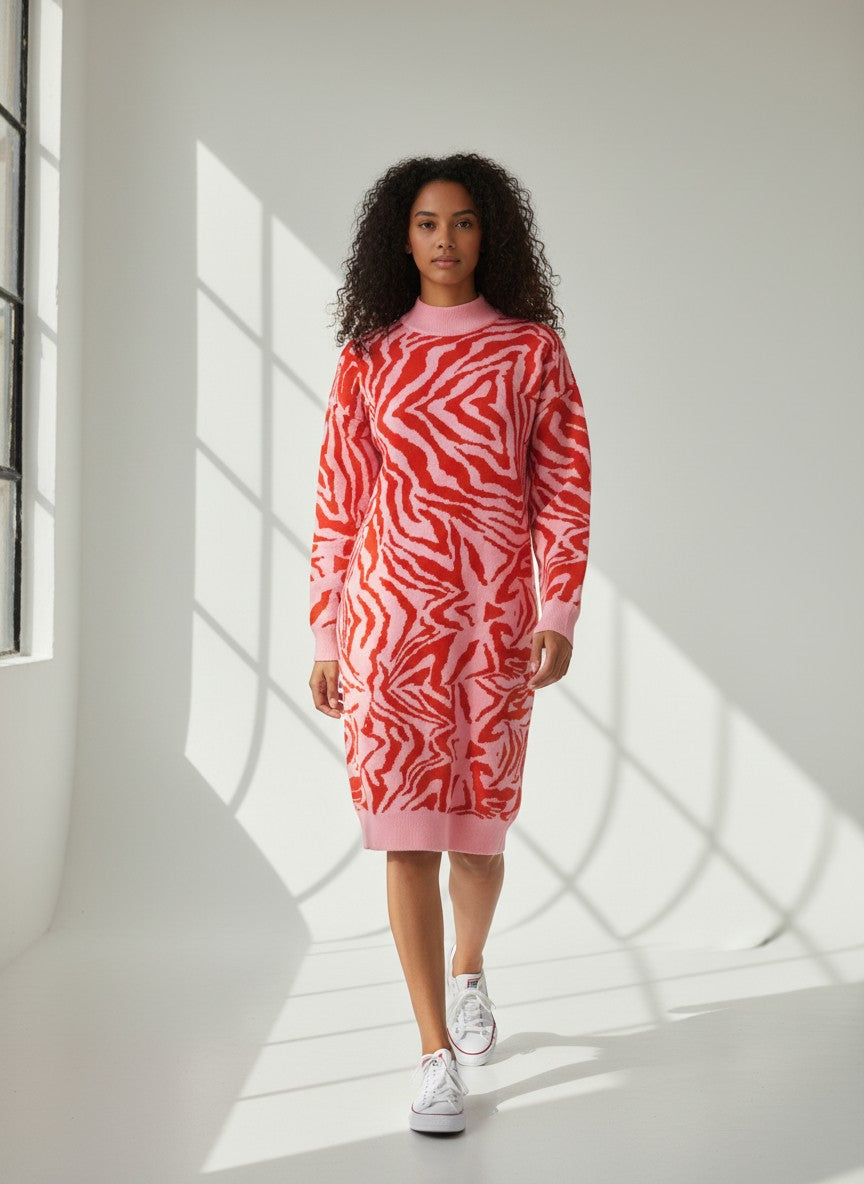 Model trägt ein BubiniSegreti Strickkleid mit rot-rosa Zebramuster, Stehkragen und langen Ärmeln vor hellem Hintergrund.