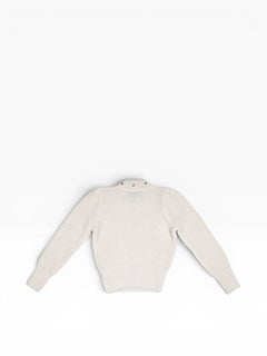 BubiniSegreti Damen-Strickpullover in Creme mit Stehkragen, Kettenapplikationen und gepufften Schultern.