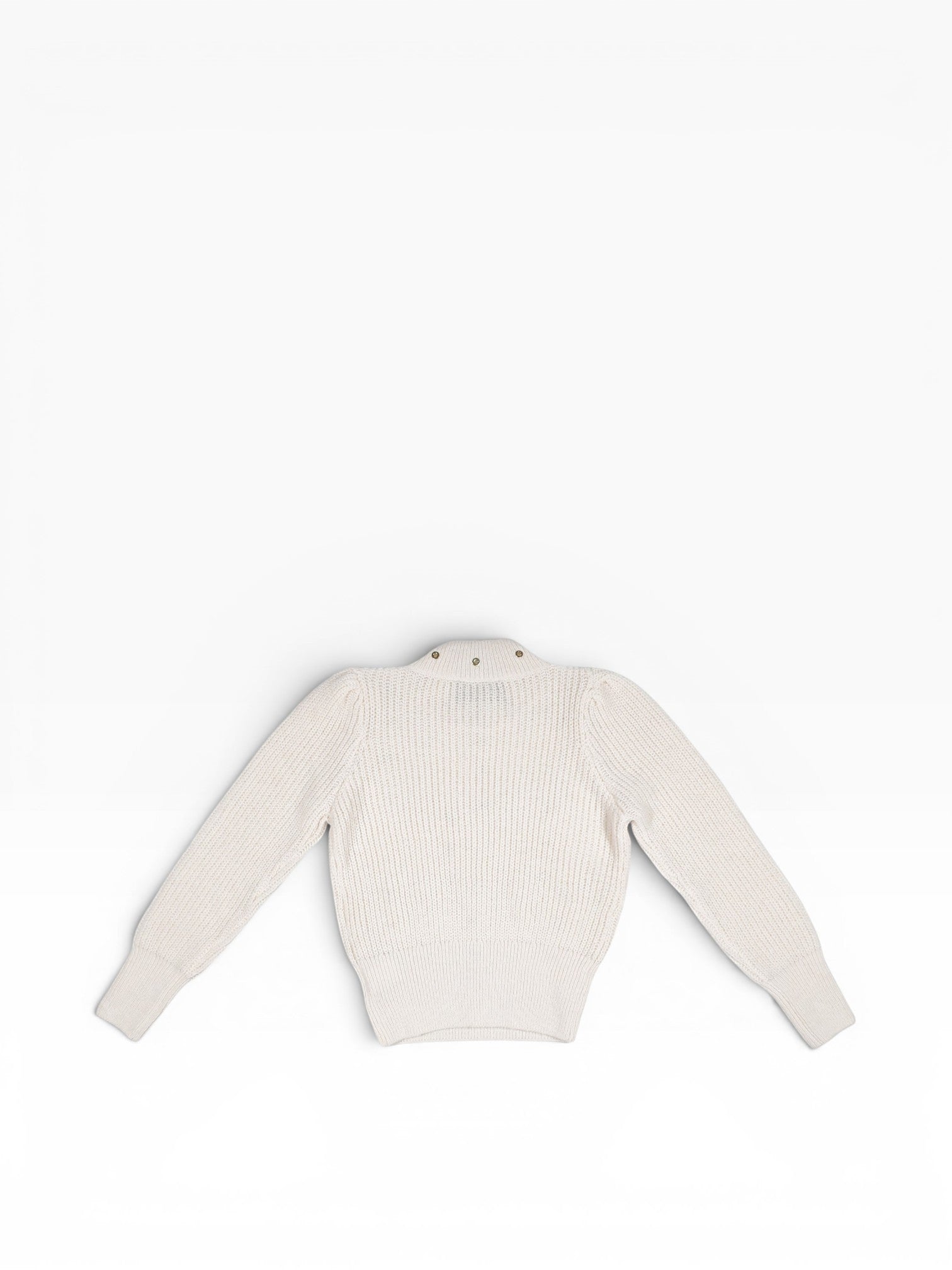 BubiniSegreti Damen-Strickpullover in Creme mit Stehkragen, Kettenapplikationen und gepufften Schultern.
