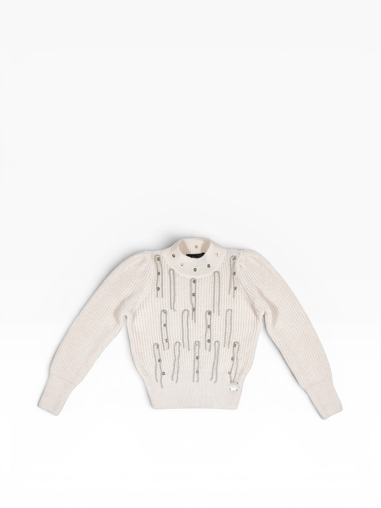 BubiniSegreti Damen-Strickpullover in Creme mit Stehkragen, Kettenapplikationen, Nieten und gepufften Schultern.