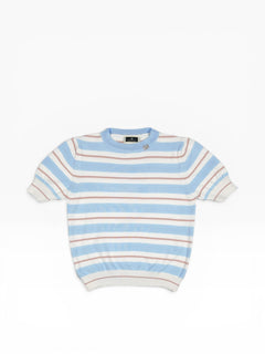 BubiniSegreti short-sleeve knit sweater with sky blue, white, and dusty rose stripes, crew neck, and ribbed trim.