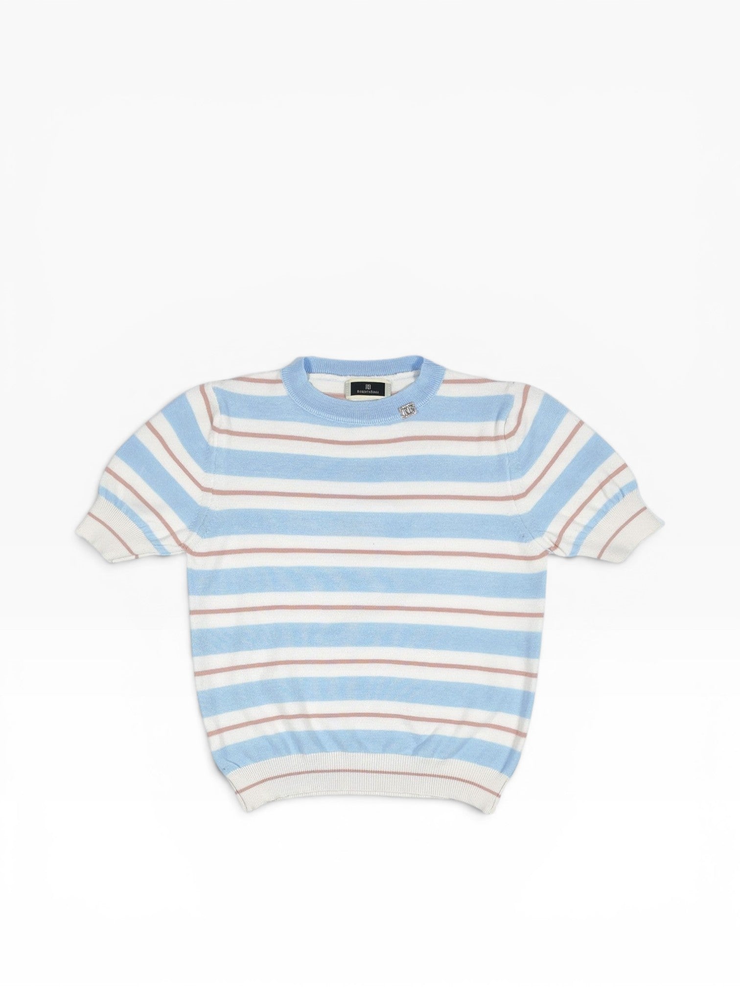 BubiniSegreti short-sleeve knit sweater with sky blue, white, and dusty rose stripes, crew neck, and ribbed trim.