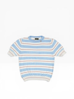 BubiniSegreti short-sleeve knit sweater with sky blue, white, and dusty rose stripes, crew neck, and ribbed trim.