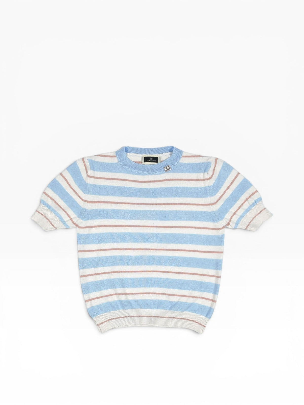 BubiniSegreti short-sleeve knit sweater with sky blue, white, and dusty rose stripes, crew neck, and ribbed trim.