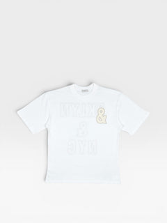 BubiniSegreti weißes Baumwoll-T-Shirt mit Rundhalsausschnitt und dezentem Print auf der Vorderseite.