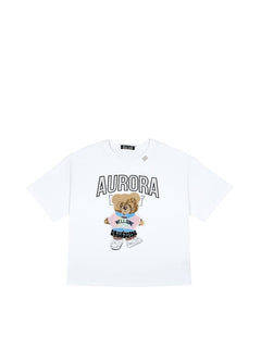 BubiniSegreti weißes Baumwoll-T-Shirt mit Teddybär-Aufnäher und "AURORA"-Schriftzug