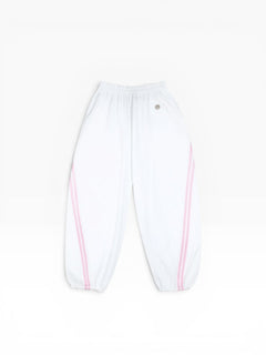 BubiniSegreti weiße Damen-Jogginghose mit rosa Seitenstreifen und Gummizug am Beinabschluss