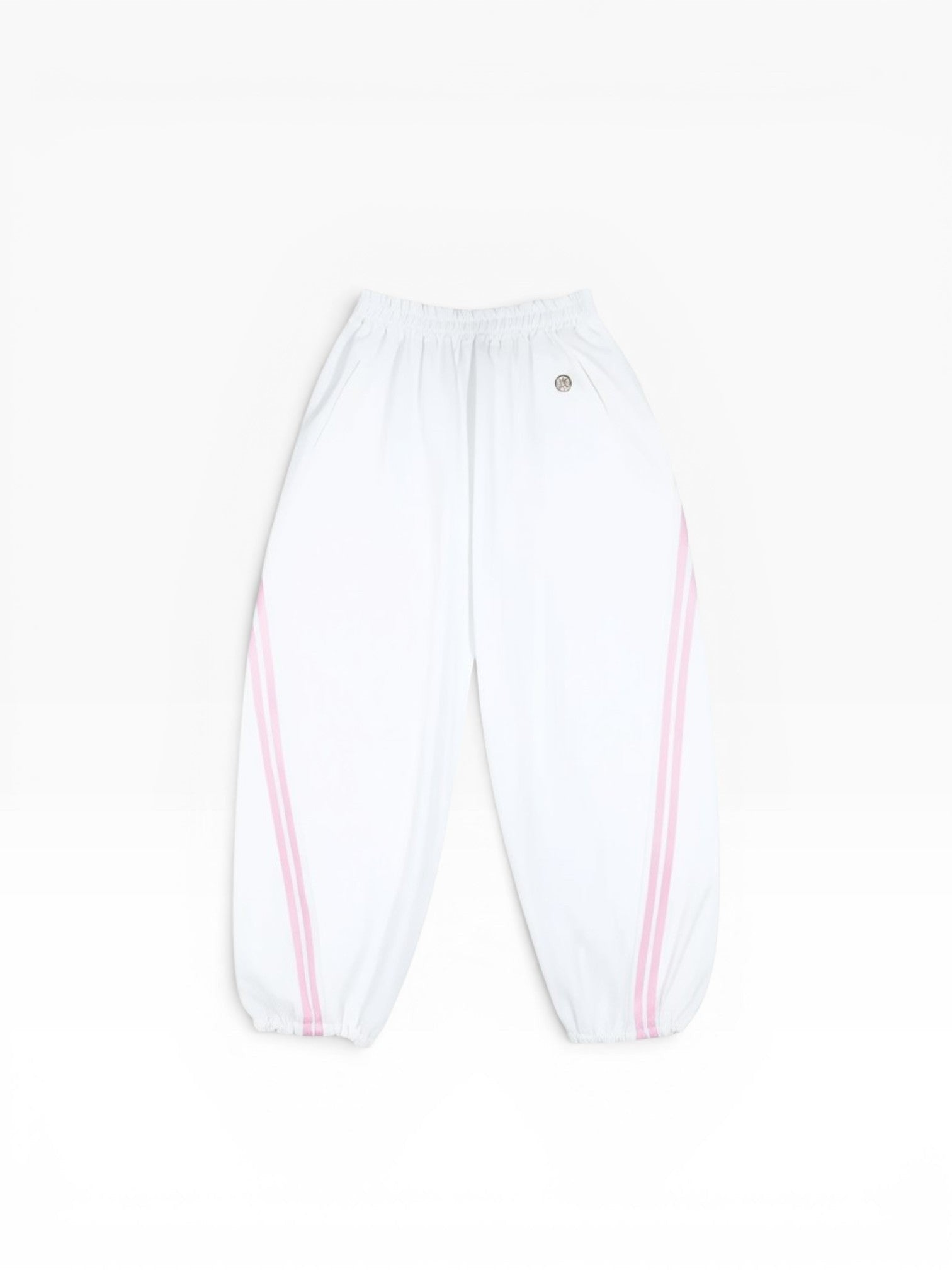 BubiniSegreti weiße Damen-Jogginghose mit rosa Seitenstreifen und Gummizug am Beinabschluss