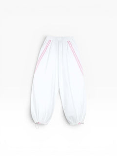 BubiniSegreti weiße Jogginghose für Damen mit rosa Streifen und Gummizug am Beinabschluss, leicht und atmungsaktiv.
