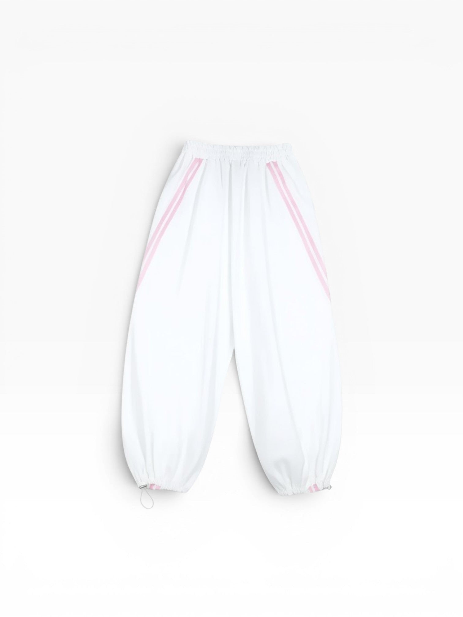 BubiniSegreti weiße Jogginghose für Damen mit rosa Streifen und Gummizug am Beinabschluss, leicht und atmungsaktiv.