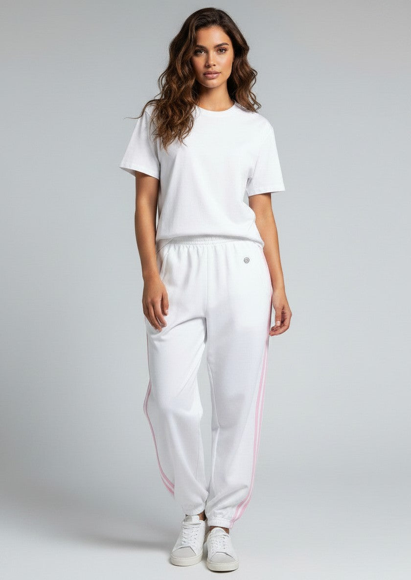 BubiniSegreti Roberta Biagi Damen-Jogginghose in Weiß mit rosa Seitenstreifen und elastischen Beinabschlüssen.