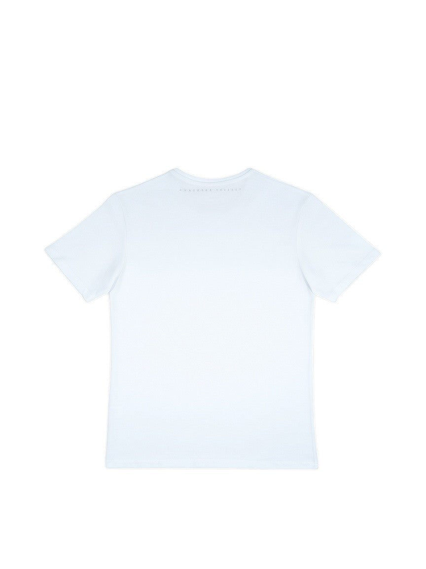Rückansicht eines weißen BubiniSegreti Rundhals T-Shirts aus weicher Baumwolle mit minimalistischem Design