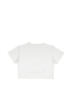 BubiniSegreti weißes Crop-Top T-Shirt mit dezentem Schriftzug und kurzem Schnitt für Damen