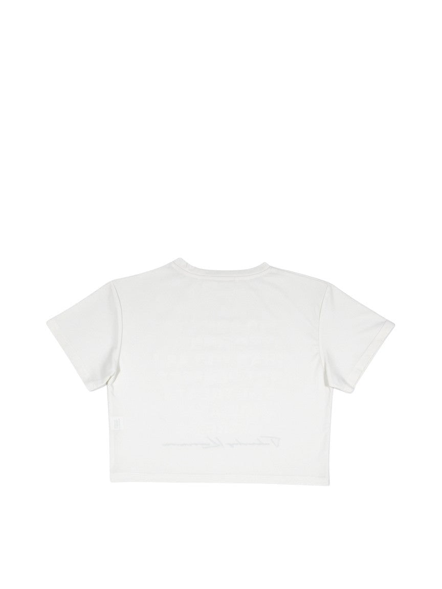 BubiniSegreti weißes Crop-Top T-Shirt mit dezentem Schriftzug und kurzem Schnitt für Damen
