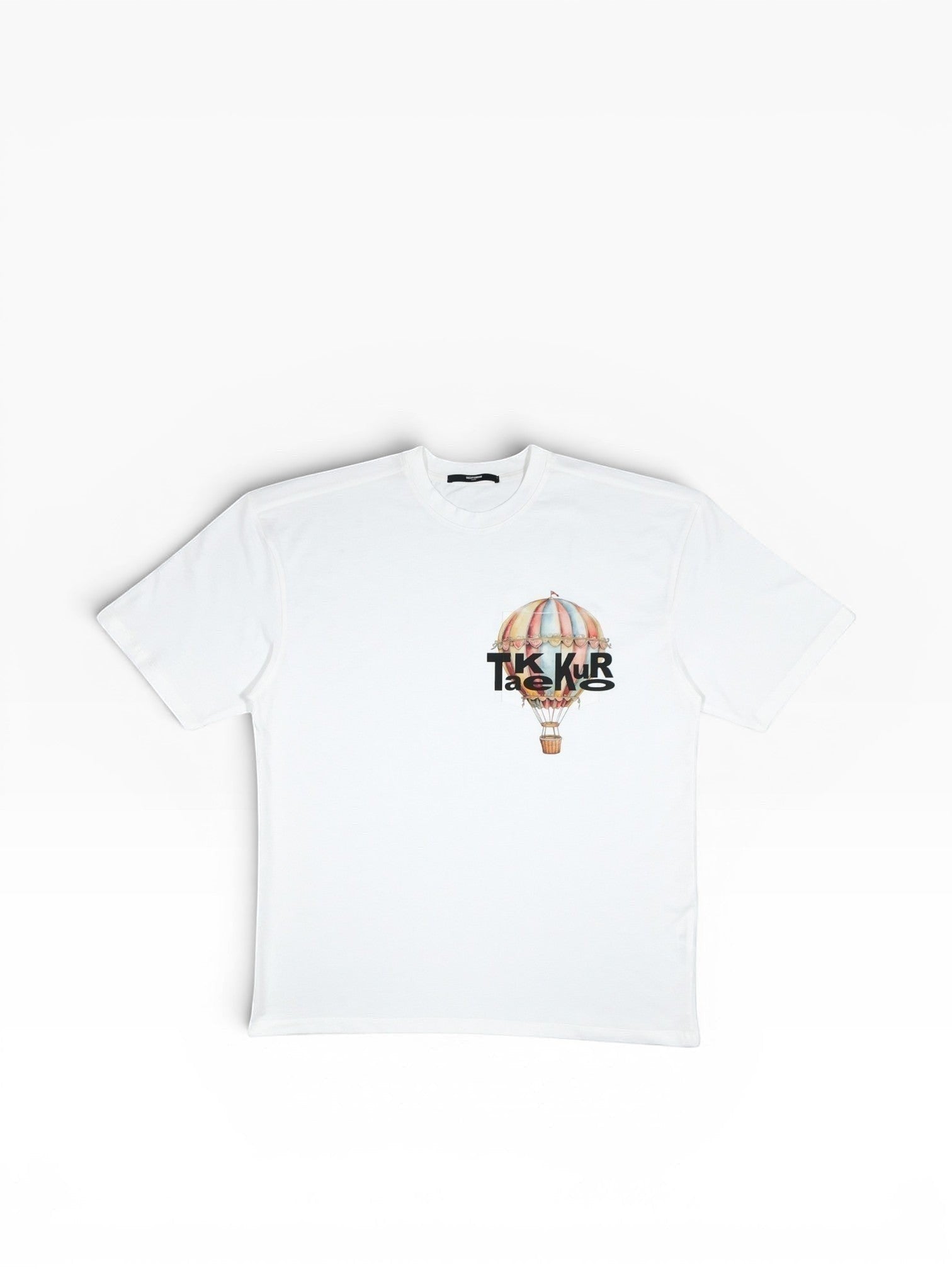 BubiniSegreti weißes Herren-T-Shirt aus Baumwolle mit Heißluftballon-Grafikprint und moderner Typografie auf der Brust