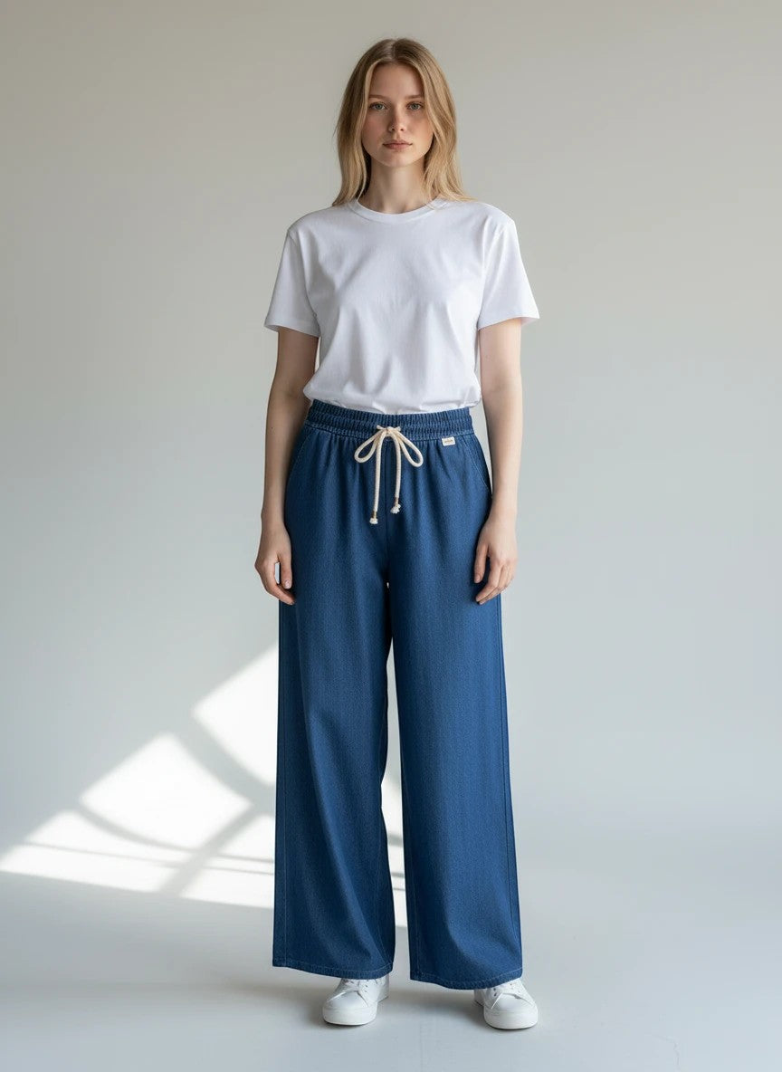 BubiniSegreti weite blaue Jeans mit Kordelzug und weitem Bein, aus leichtem Denim, mit Eingrifftaschen