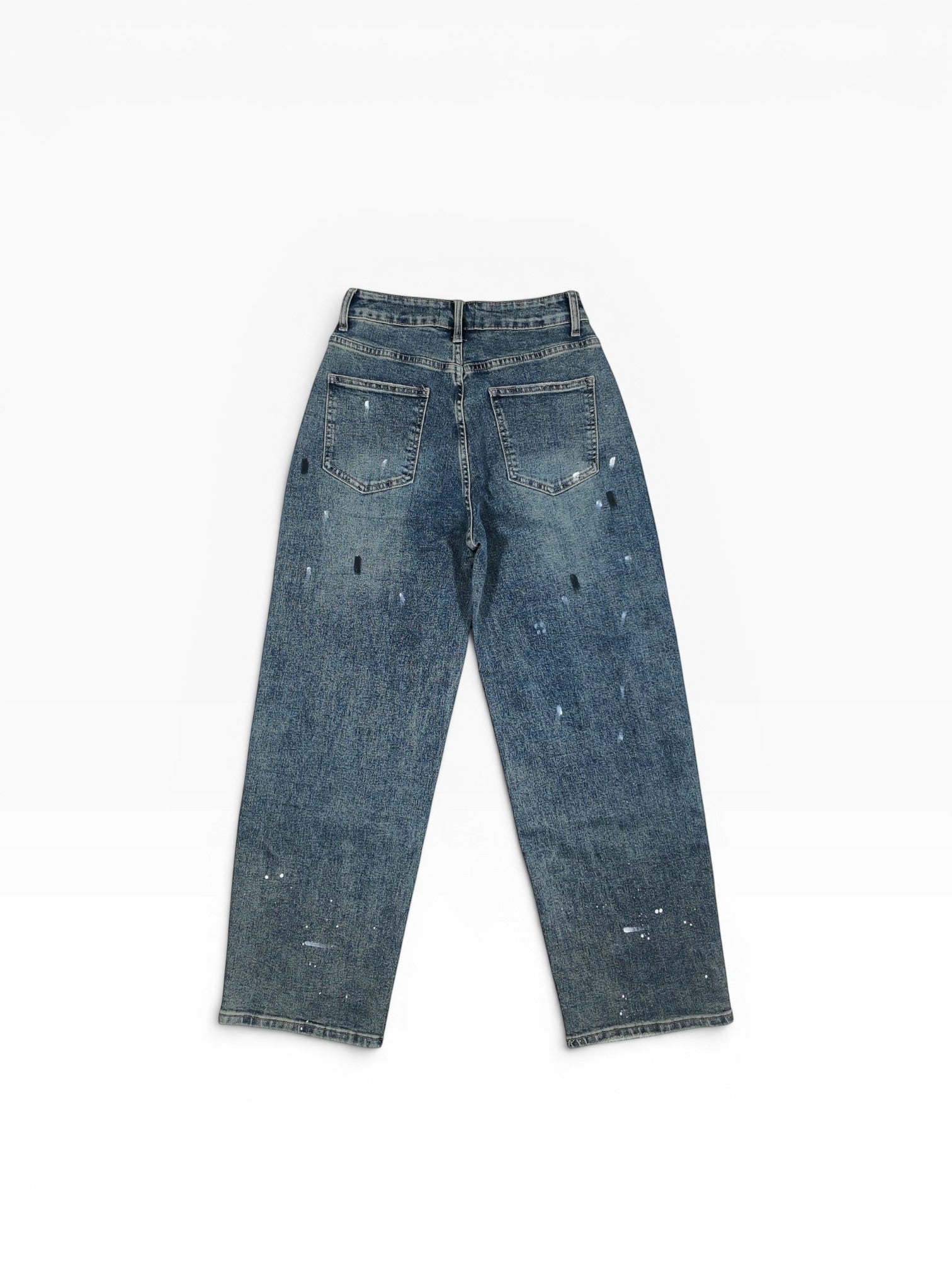 BubiniSegreti weite Jeanshose aus blauem Denim mit künstlerischem Paint-Splatter-Design und Five-Pocket-Stil.